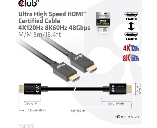 Club 3d CLUB3D Ultra High Speed HDMI™ Certified Cable 4K120Hz 8K60Hz 48Gbps M/M 5m/16.4ft