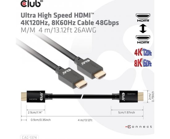 Club 3d CLUB3D Ultra High Speed HDMI™ 4K120Hz, 8K60Hz Cable 48Gbps M/M 4 m/13.12ft 26AWG