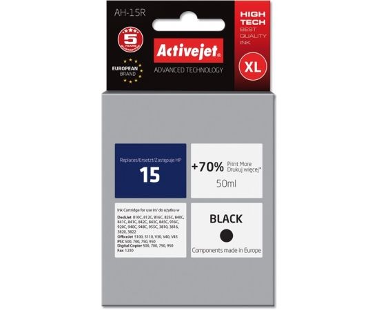 Activejet AH-15R ink for HP printer, HP 15 C6615A replacement; Premium; 50 ml; black