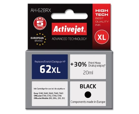 Activejet AH-62BRX ink for HP printer; HP 62XL C2P05AE replacement; Premium; 20 ml; black