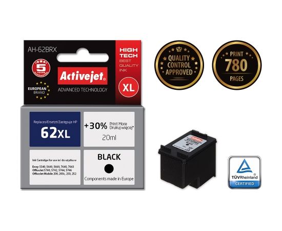 Activejet AH-62BRX ink for HP printer; HP 62XL C2P05AE replacement; Premium; 20 ml; black