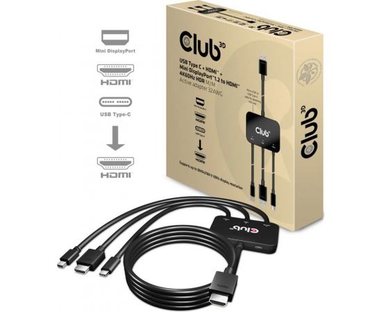 CLUB 3D USB Type C + HDMI™ + MiniDisplayPort™ 1.2 to HDMI™ 4K60Hz HDR M/M Active Adapter 32AWG