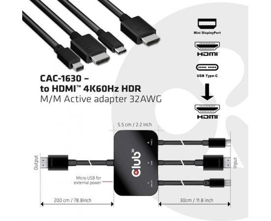 CLUB 3D USB Type C + HDMI™ + MiniDisplayPort™ 1.2 to HDMI™ 4K60Hz HDR M/M Active Adapter 32AWG