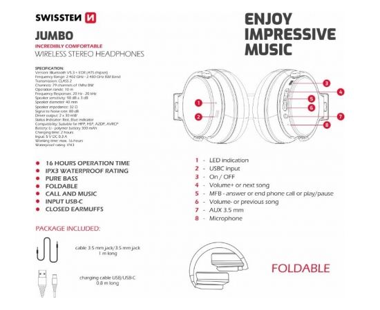 Swissten Jumbo Wireless Bluetooth Наушники