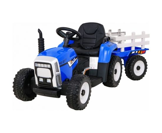 Liels elektriskais traktors ar piekabi, zils