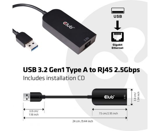 Club 3d CLUB3D USB 3.2 Gen1 Type A to RJ45 2.5Gbps Adapter