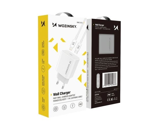 Wozinsky Quick Charger Adapter EU Wall Charger USB Type C Power Delivery 20W + USB Type C / Lightning charging data cable 1m white