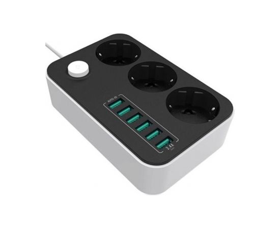 ColorWay Power Socket :3 EU plugs/6USB Blac CW-CHE36B 1.8 m, Black