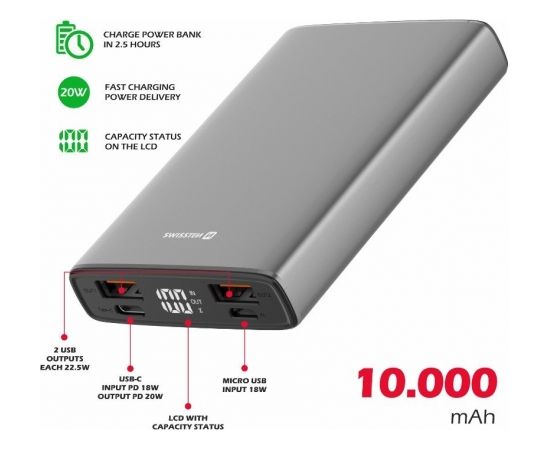 Swissten Aluminium Power Banka Ārējās Uzlādes Baterija 2xUSB / USB-C / Micro USB / 20W / 10000 mAh