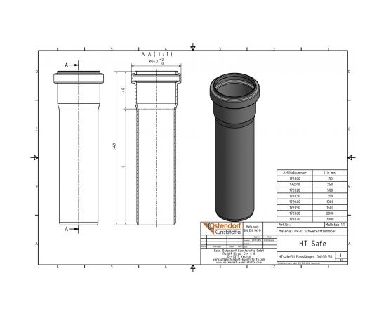 Ostendorf HTsafe kanalizācijas caurule ar uzmavu DN50 x1000mm