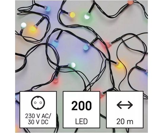 LED virtene MAZĀS Bumbiņas, 230Vac, 20m, 200x LED, daudzkrāsaina, ar taimeri, EMOS