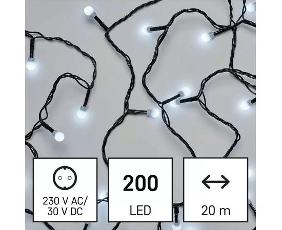 LED virtene MAZĀS Bumbiņas, 230Vac, 20m, 200x LED, auksti baltas,ar taimeris, EMOS