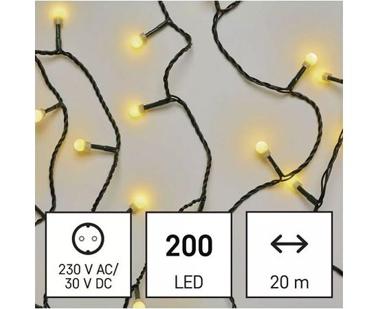 LED virtene MAZĀS Bumbiņas, 230Vac, 20m, 200x LED, silti baltas, ar taimeri, EMOS