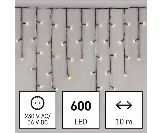 LED virtene, 230Vac, 10 × 0,65 m, 600 x LED, silti balta, ar kontrolieri, EMOS