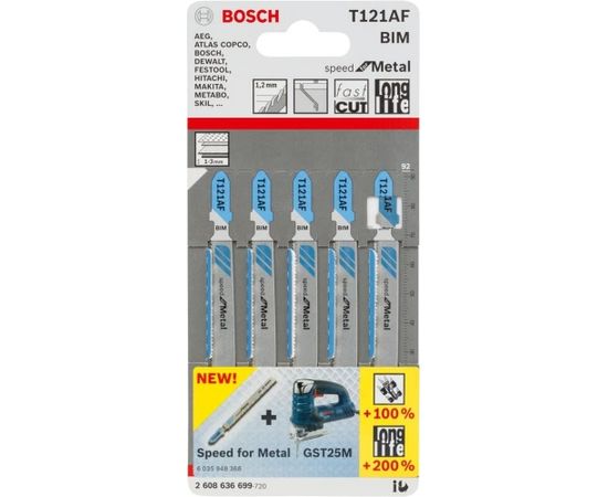 Bosch jigsaw blade T 121 AF Speed for Metal, 92mm (5 pieces)