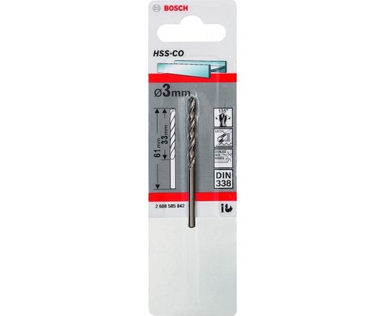 Bosch metal twist drill HSS-Co, DIN 338, O 3mm (working length 33mm)