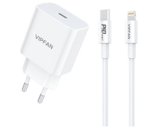 Vipfan E04 wall charger, USB-C, 20W, QC 3.0 + Lightning cable (white)