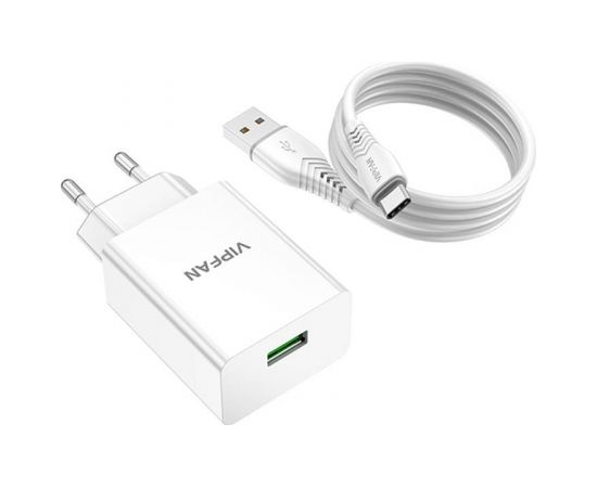 Vipfan E03 wall charger, 1x USB, 18W, QC 3.0 + USB-C cable (white)