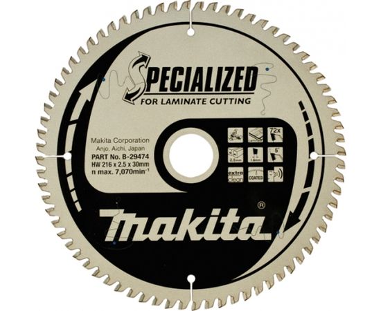 Griešanas disks laminātam Makita; 216x2,5x30,0 mm; Z72; 5°