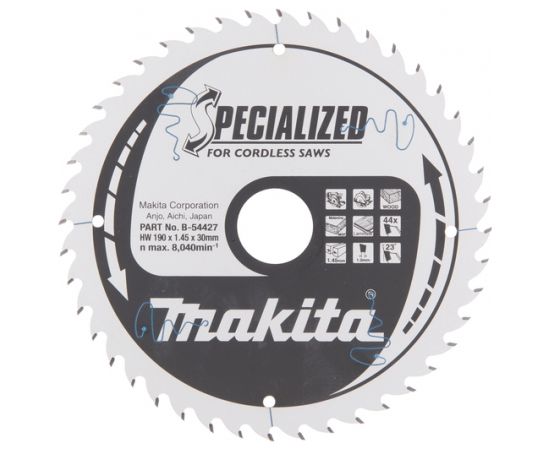 Griešanas disks kokam Makita SPECIALIZED; 190x1,45x30,0 mm; Z44; 23°