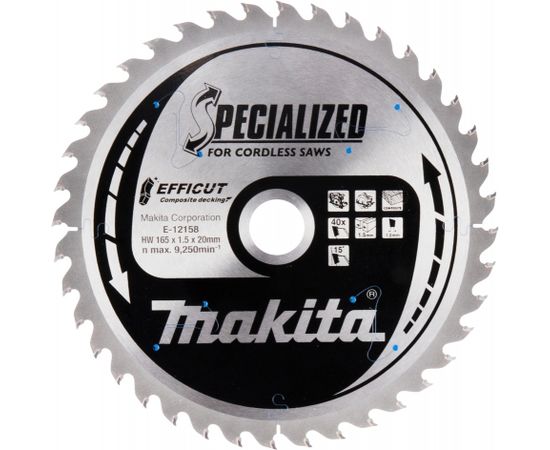 Griešanas disks Makita E-12158 TCT; 165x1,5x20 mm; T40; 15°