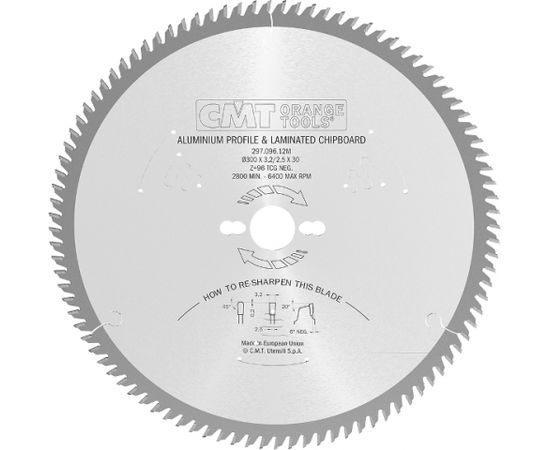 Griešanas disks alumīnijam CMT 297; 300x3,2x30; Z96; -6°
