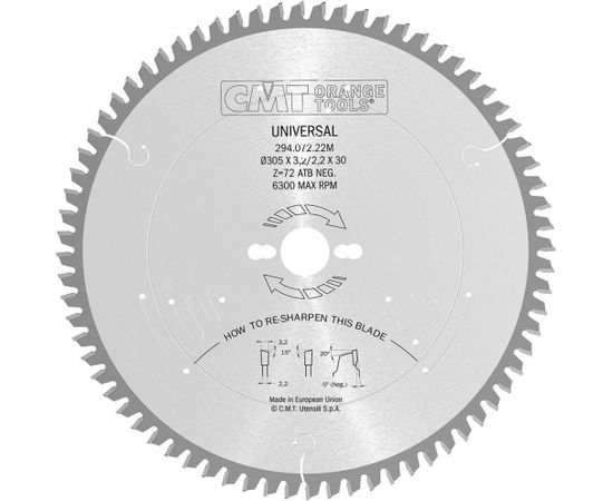 Griešanas disks kokam CMT 294; 305x3,2x30; Z72; -5°