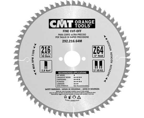 Griešanas disks kokam CMT 292; 216x2,8x30; Z64; -5°