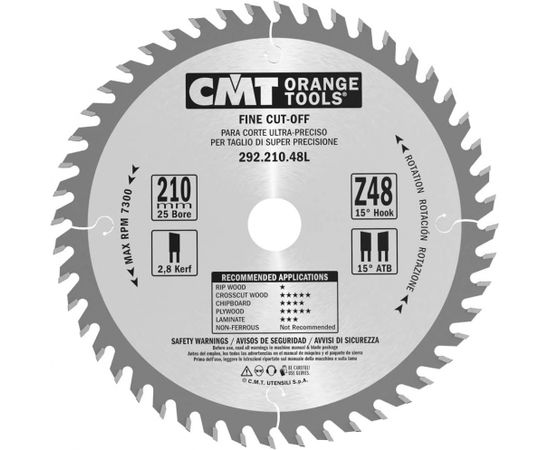 Griešanas disks kokam CMT 292; 210x2,8x25; Z48; 15°