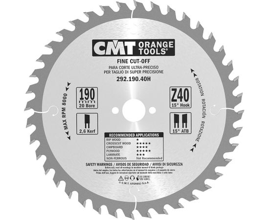 Griešanas disks kokam CMT 292; 190x2,6x20; Z40; 15°