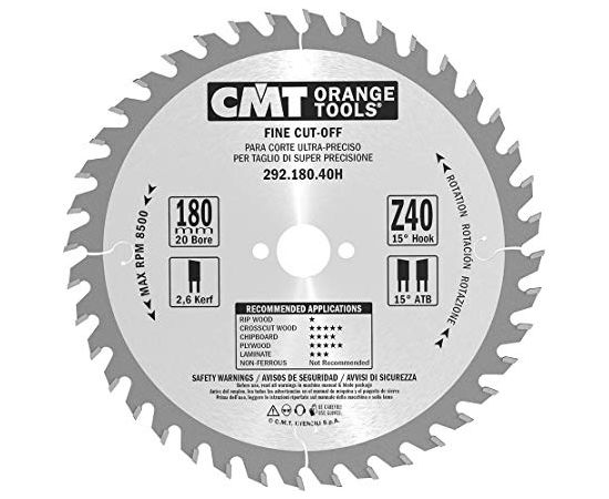 Griešanas disks kokam CMT 292; 180x2,6x20; Z40; 15°