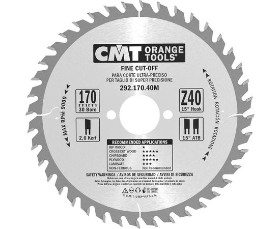 Griešanas disks kokam CMT 292; 170x2,6x30; Z40; 15°