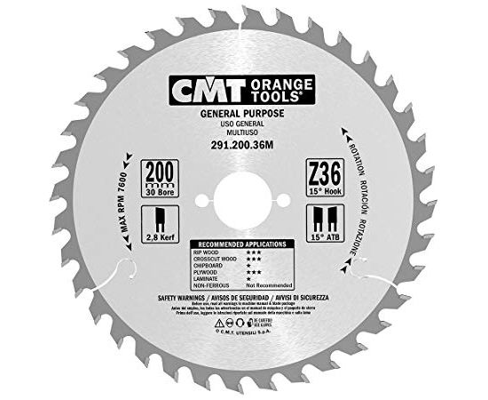 Griešanas disks kokam CMT 291; 200x2,8x30; Z36; 15°