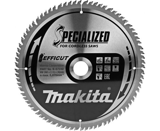 Griešanas disks kokam Makita EFFICUT; 260x2,15x30,0 mm; Z80; 10°