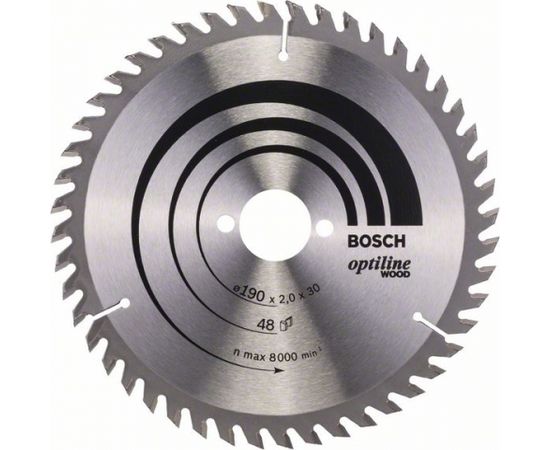Griešanas disks kokam Bosch OPTILINE WOOD; 190x2x30,0 mm; Z48; 15°