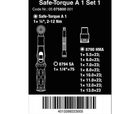 Wera Safe-Torque A1 Set 1, 10 pieces, torque wrench (black/green, 1/4" square, 2-12 Nm)