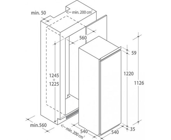 Candy CIO 225 NE Ledusskapis, iebūvējams 122cm