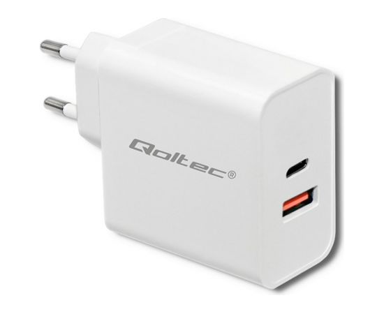 Qoltec 51715 Charger| 63W | 5-20V | 1.5-3A | USB type C PD | USB QC 3.0 | White