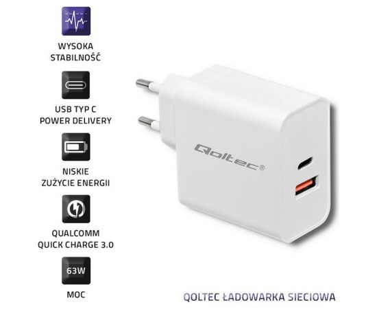 Qoltec 51715 Charger| 63W | 5-20V | 1.5-3A | USB type C PD | USB QC 3.0 | White