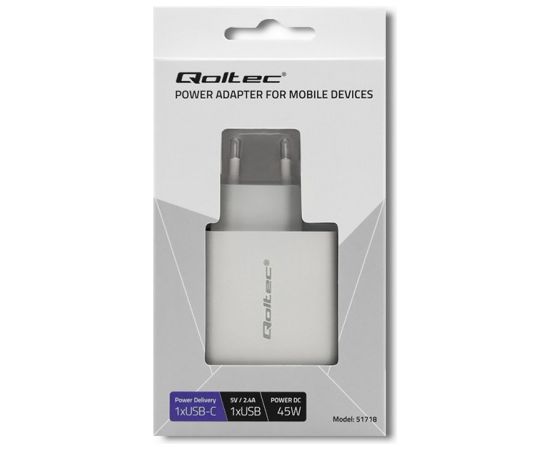 Qoltec 51718 Charger | 45W | 5-20V | 2.4-3A | USB type C PD | USB | White