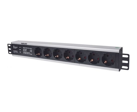 Intellinet 19" 1.5U Rackmount 7-Way Power Strip - German Type", With Surge Protection, 3m Power Cord (Euro 2-pin plug)