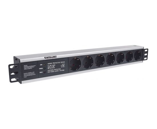 Intellinet 19" 1.5U Rackmount 7-Way Power Strip - German Type", With Surge Protection, 3m Power Cord (Euro 2-pin plug)