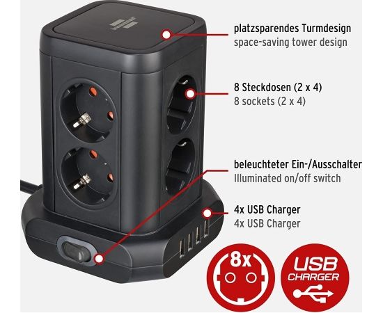 Brennenstuhl socket tower 8-way in 45 arrangement, socket strip (black, 4x USB)