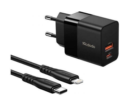 Mcdodo CH-1952 USB + USB-C wall charger, 20W + USB-C to Lightning cable (black)