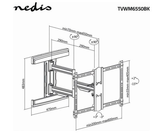 Nedis TVWM6550BK Настенное ТВ крепление LED / LCD / PLASMA TV / 37-80"/ Max 50kg