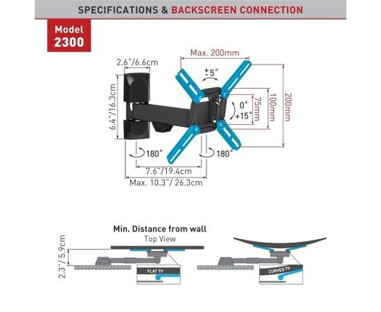 BARKAN 2300.B 26"-39" LED TV, 3 lankstų, sieninis, juodas