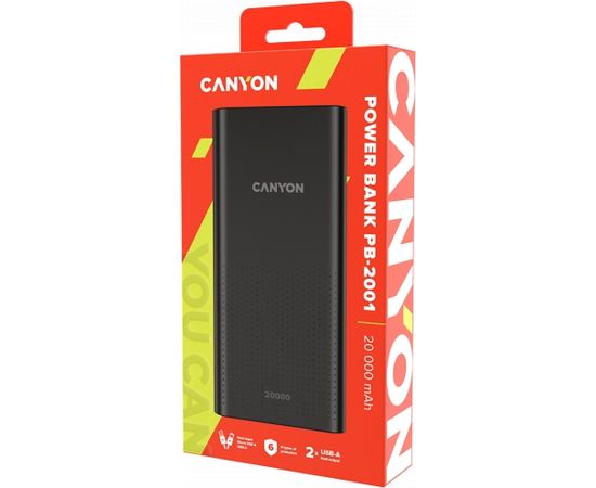 CANYON PB-2001, Power bank 20000mAh Li-poly battery, Input 5V/2A , Output 5V/2.1A(Max), 144*69*28.5mm, 0.440Kg, Black