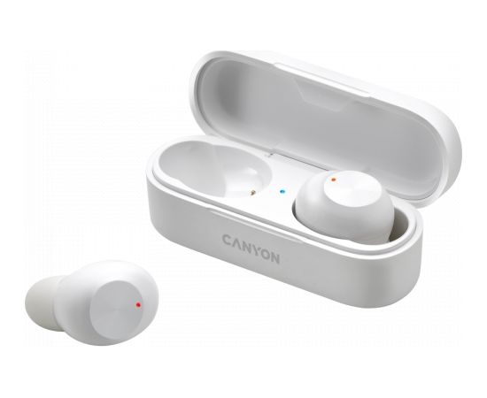 CANYON TWS-1, Bluetooth headset, with microphone, BT V5.0, Bluetrum AB5376A2, battery EarBud 45mAh*2+Charging Case 300mAh, cable length 0.3m, 66*28*24mm, 0.04kg, White