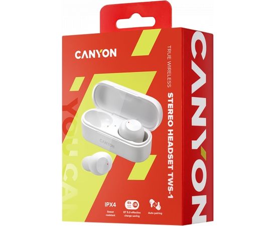 CANYON TWS-1, Bluetooth headset, with microphone, BT V5.0, Bluetrum AB5376A2, battery EarBud 45mAh*2+Charging Case 300mAh, cable length 0.3m, 66*28*24mm, 0.04kg, White