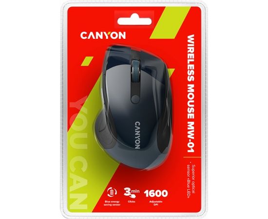 CANYON MW-01, 2.4GHz wireless mouse with 6 buttons, optical tracking - blue LED, DPI 1000/1200/1600, Blue Gray pearl glossy, 113x71x39.5mm, 0.07kg